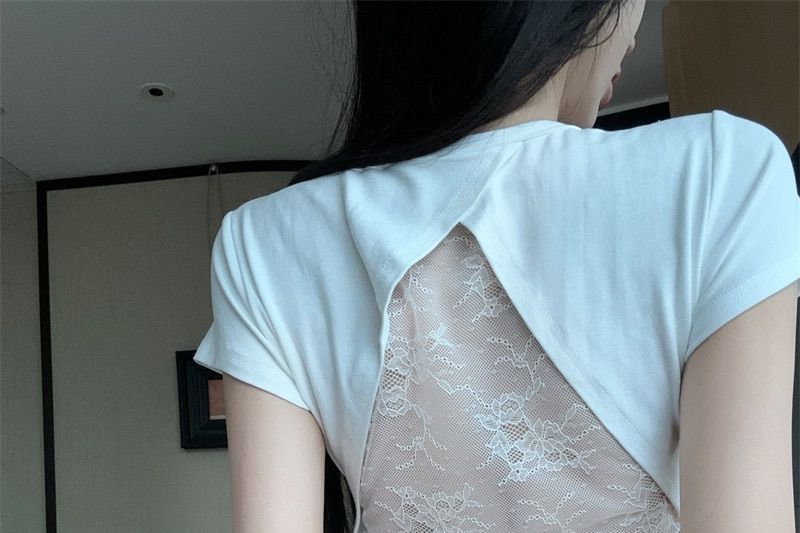 Crew Neck Lace-Back Crop Tee with Short Sleeves