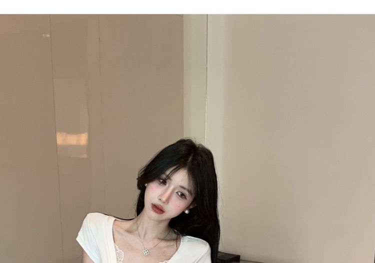 Lace-Embellished Short Sleeve V-Neck Blouse