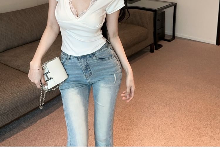 Lace-Embellished Short Sleeve V-Neck Blouse