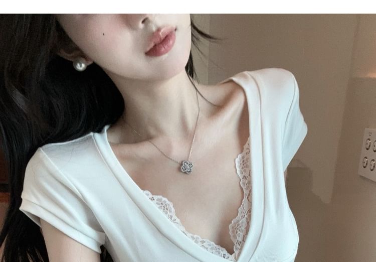 Lace-Embellished Short Sleeve V-Neck Blouse