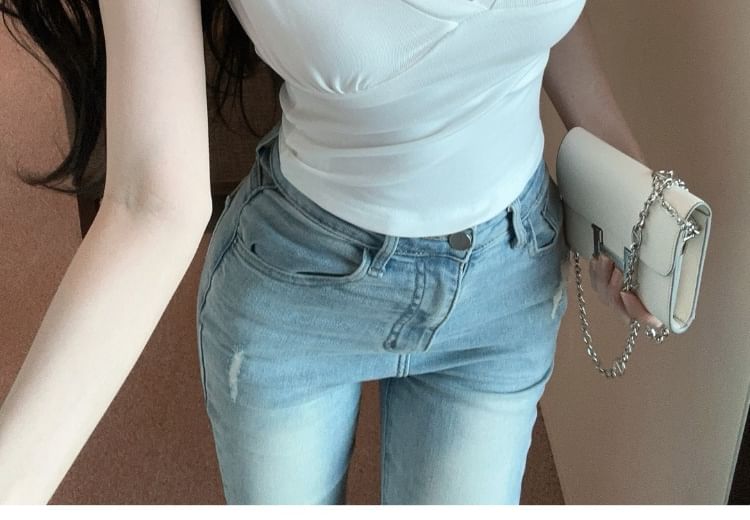 Lace-Embellished Short Sleeve V-Neck Blouse