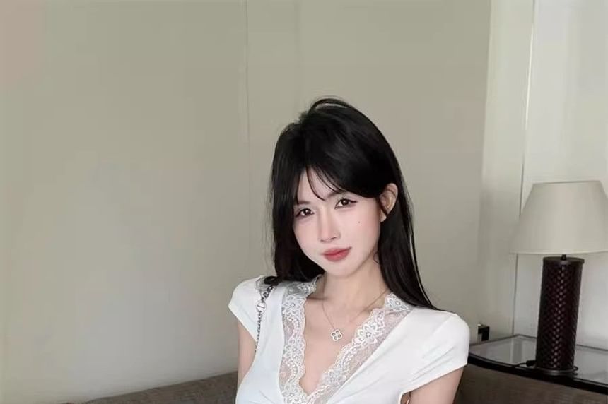 Cropped V-Neck Tee with Lace Accents and Cap Sleeves