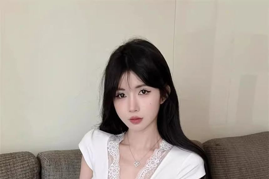 Cropped V-Neck Tee with Lace Accents and Cap Sleeves