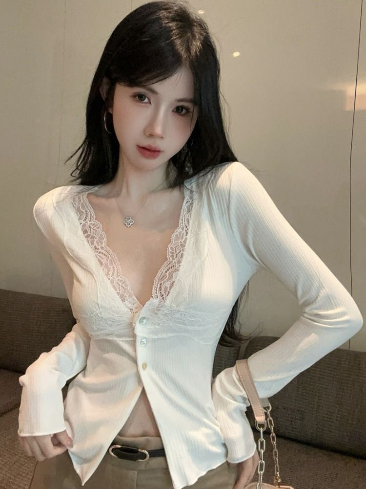 Button-Front Lace-Trimmed Long Sleeve V-Neck Top