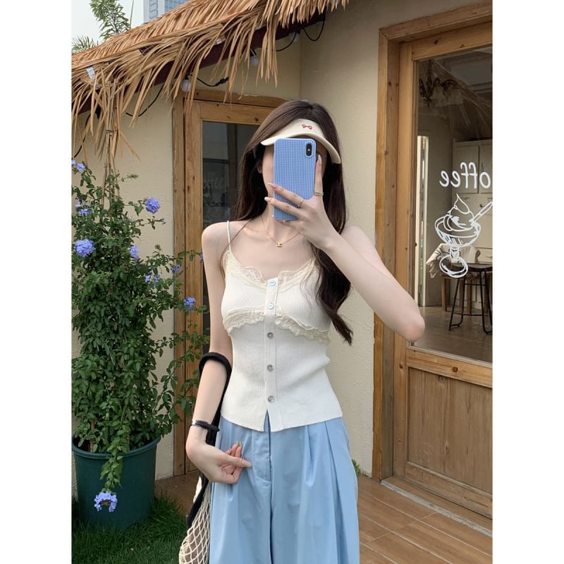Lace Panel Ribbed Button-Up Knit Crop Camisole Top