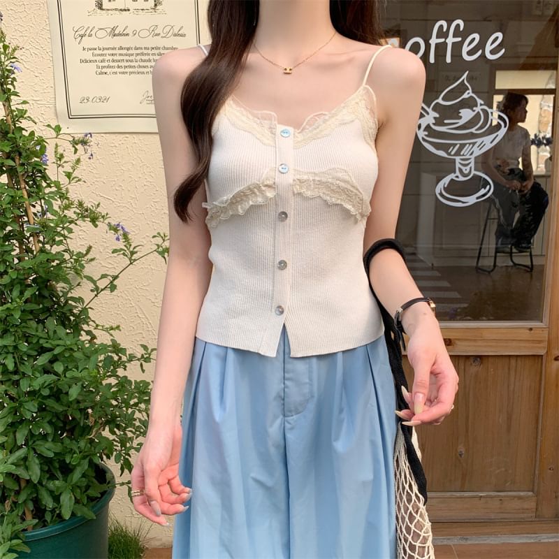 Lace Panel Ribbed Button-Up Knit Crop Camisole Top