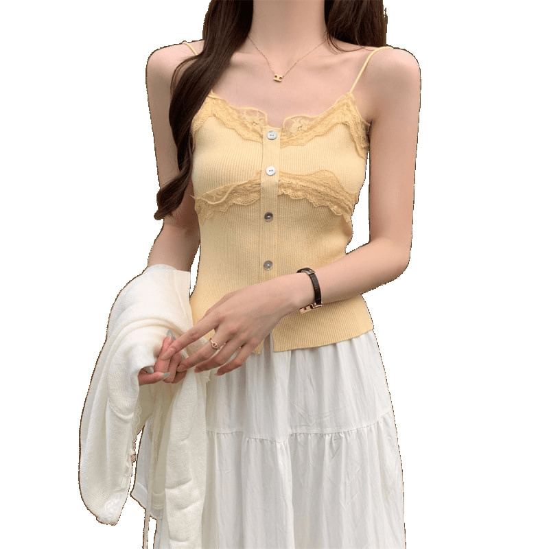 Lace Panel Ribbed Button-Up Knit Crop Camisole Top