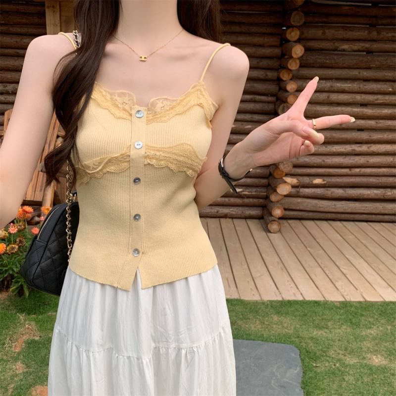 Lace Panel Ribbed Button-Up Knit Crop Camisole Top