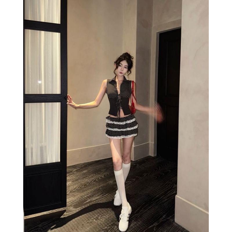 Collared Polka Dot Tie Front Slit Crop Tank Top / Low Rise Lace Panel Tiered Mini A-Line Skirt