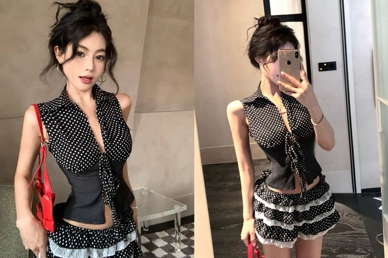 Collared Polka Dot Tie Front Slit Crop Tank Top / Low Rise Lace Panel Tiered Mini A-Line Skirt