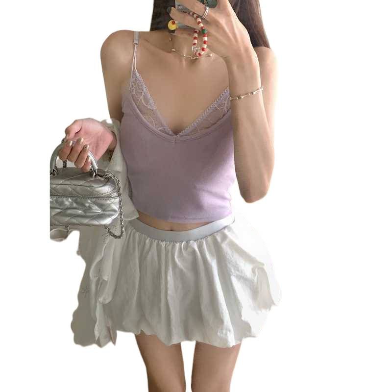Mock Two-Piece V-Neck Lace Panel Crop Camisole Top