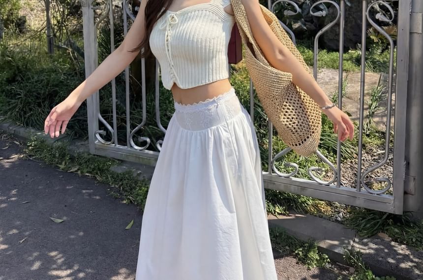 Cap-Sleeve Square-Neck Plain Ribbed Lace-Up Crop Knit Top