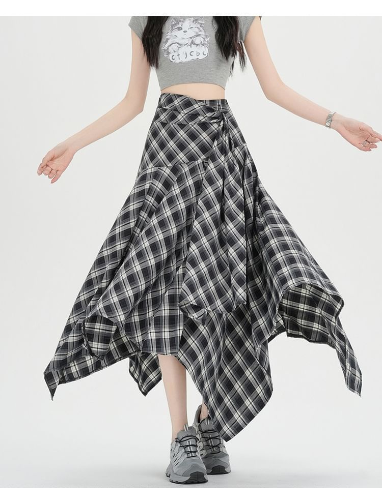 High Waist Plaid Asymmetrical Midi A-Line Skirt