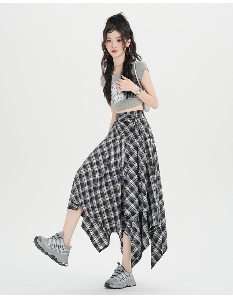 High Waist Plaid Asymmetrical Midi A-Line Skirt