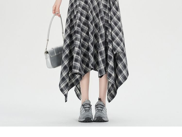 High Waist Plaid Asymmetrical Midi A-Line Skirt