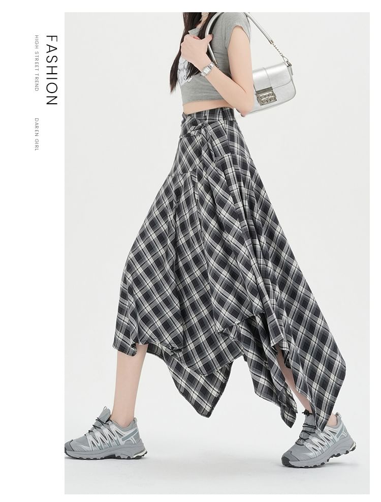 High Waist Plaid Asymmetrical Midi A-Line Skirt