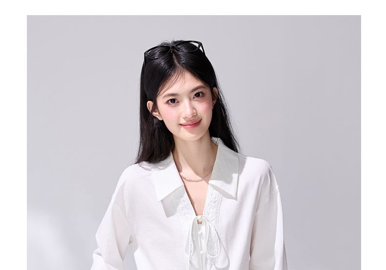 Long Sleeve Collared Plain Tie Front Blouse