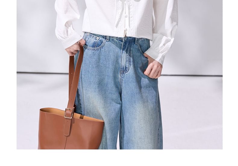 Long Sleeve Collared Plain Tie Front Blouse