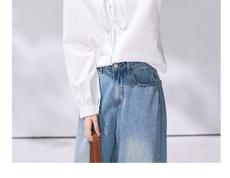 Long Sleeve Collared Plain Tie Front Blouse