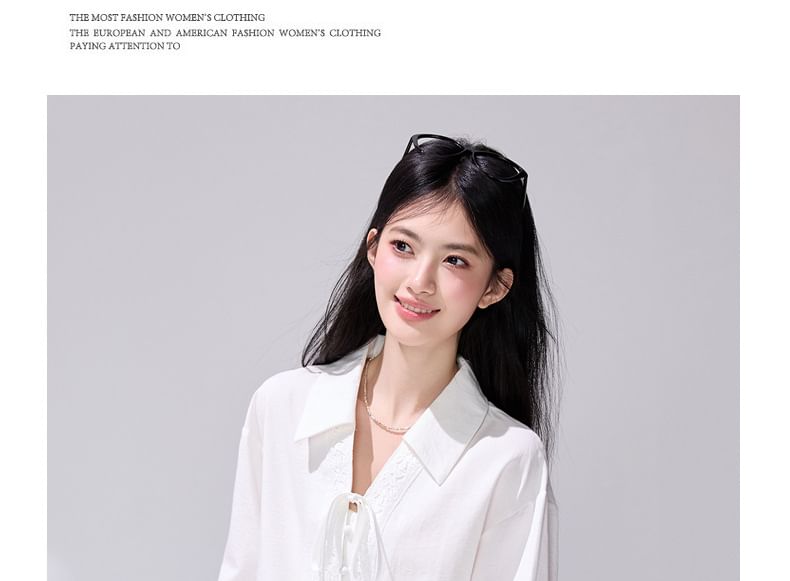 Long Sleeve Collared Plain Tie Front Blouse