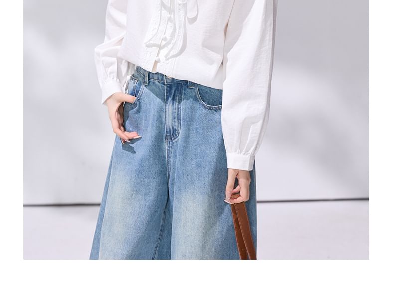 Long Sleeve Collared Plain Tie Front Blouse
