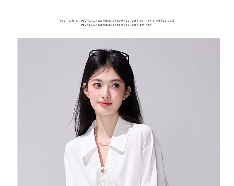 Long Sleeve Collared Plain Tie Front Blouse