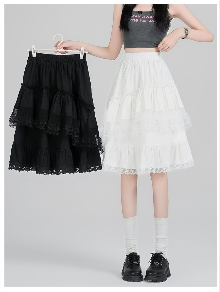 High Waist Plain Ruffle Tiered Panel Lace Midi A-Line Skirt