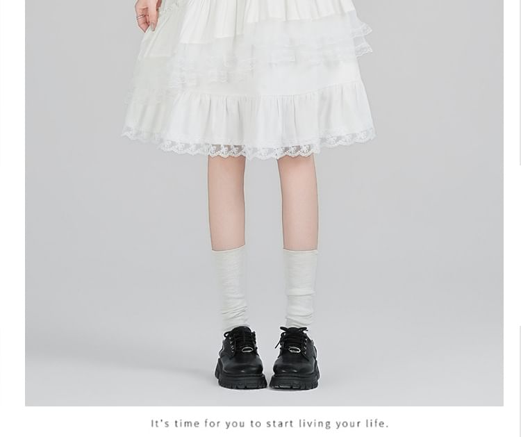 High Waist Plain Ruffle Tiered Panel Lace Midi A-Line Skirt