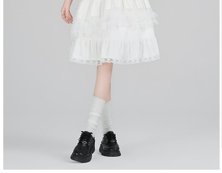 High Waist Plain Ruffle Tiered Panel Lace Midi A-Line Skirt