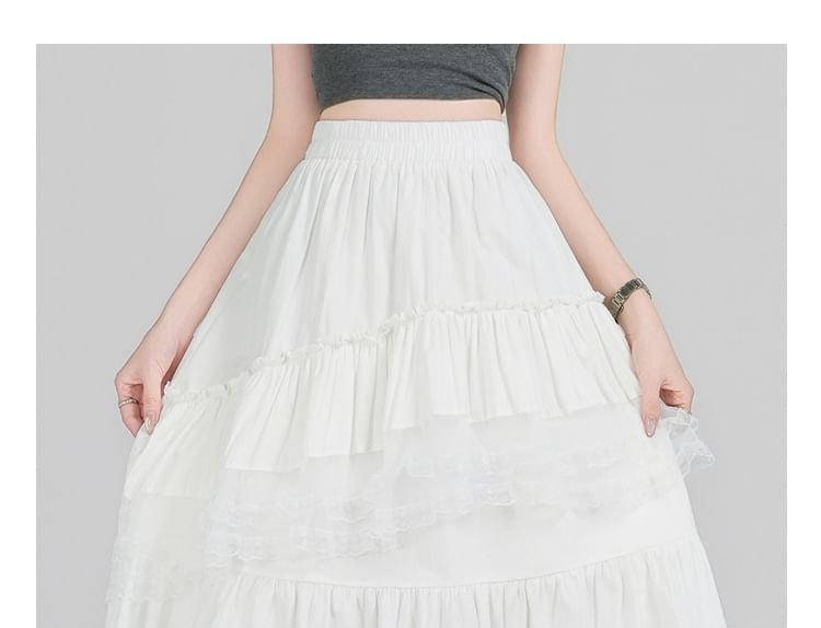 High Waist Plain Ruffle Tiered Panel Lace Midi A-Line Skirt