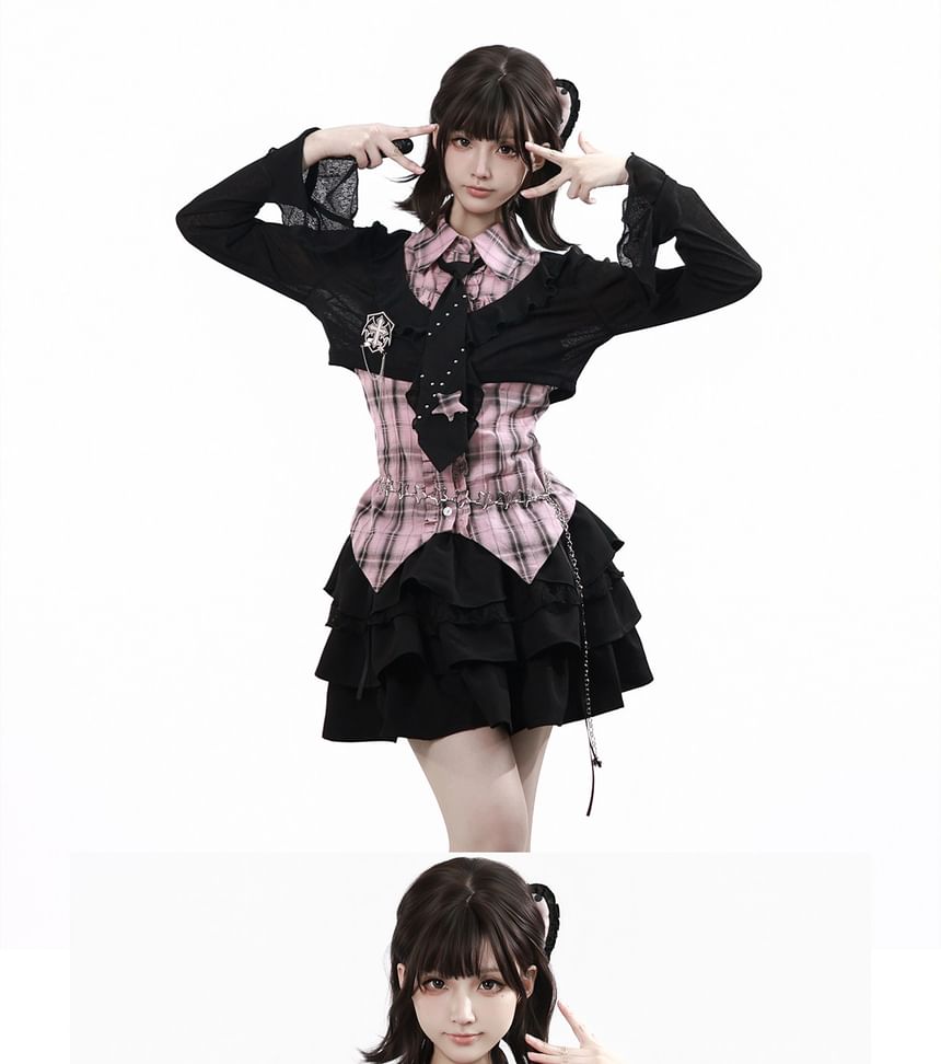 Plaid Collared Long Sleeve Shirt / Ruffled Crop Cardigan / Mini Skirt