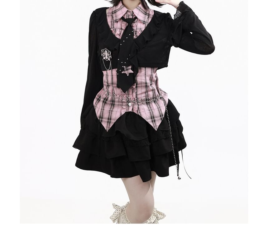Plaid Collared Long Sleeve Shirt / Ruffled Crop Cardigan / Mini Skirt