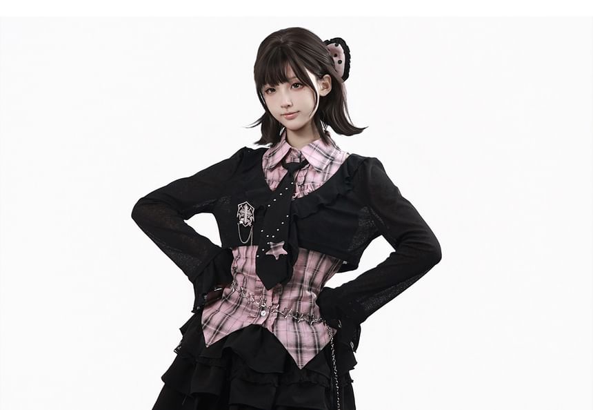 Plaid Collared Long Sleeve Shirt / Ruffled Crop Cardigan / Mini Skirt