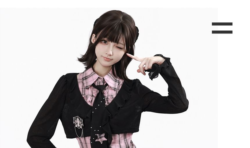 Plaid Collared Long Sleeve Shirt / Ruffled Crop Cardigan / Mini Skirt