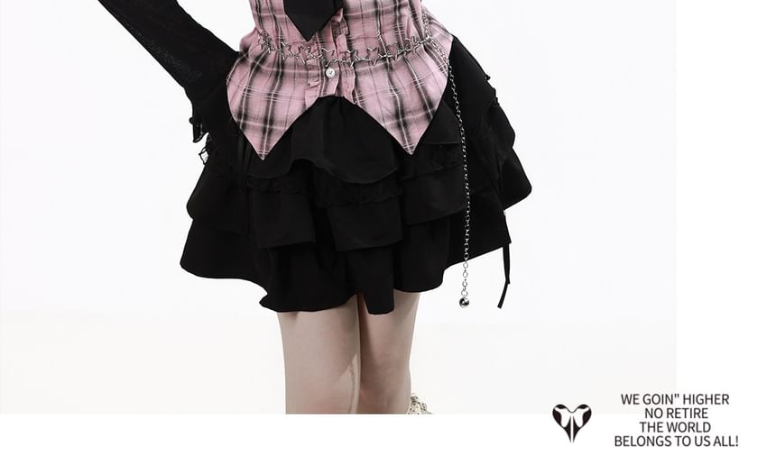 Plaid Collared Long Sleeve Shirt / Ruffled Crop Cardigan / Mini Skirt