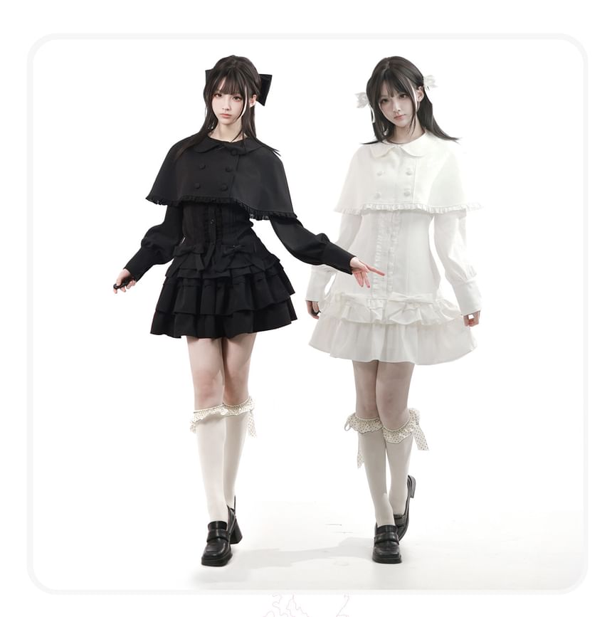 Long Sleeve Band Collar Blouse / Cropped Cape Collar / High Waist Mini Skirt / Ruffled Dress