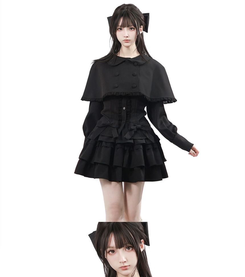 Long Sleeve Band Collar Blouse / Cropped Cape Collar / High Waist Mini Skirt / Ruffled Dress