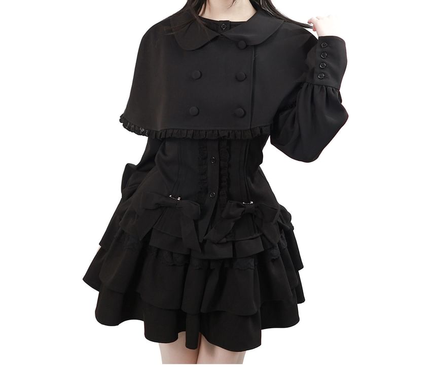 Long Sleeve Band Collar Blouse / Cropped Cape Collar / High Waist Mini Skirt / Ruffled Dress