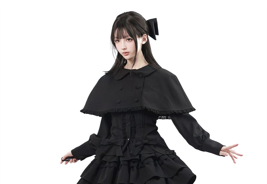 Long Sleeve Band Collar Blouse / Cropped Cape Collar / High Waist Mini Skirt / Ruffled Dress