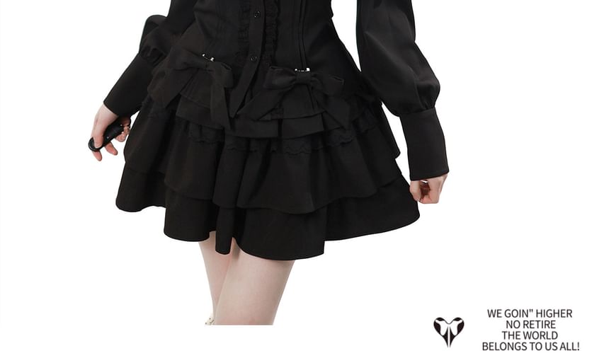 Long Sleeve Band Collar Blouse / Cropped Cape Collar / High Waist Mini Skirt / Ruffled Dress