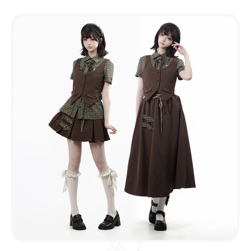 Plaid Button-Up Shirt / Scoop Neck Vest / High Waist Skirt / Midi A-Line Skirt