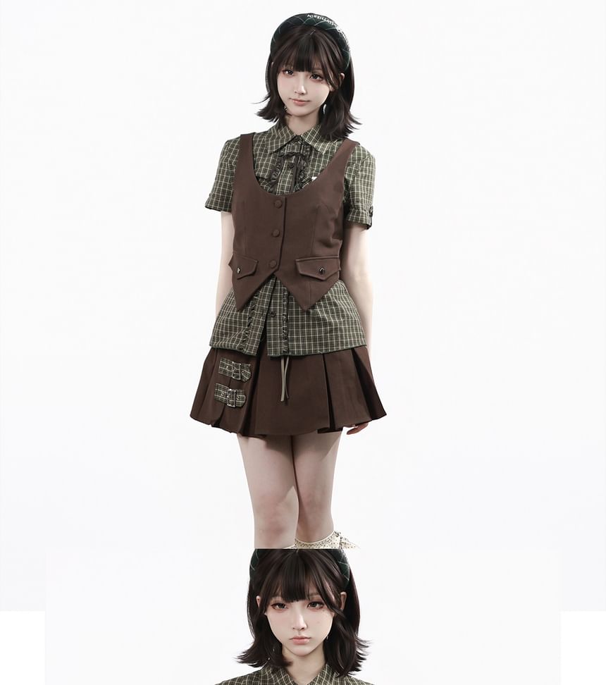 Plaid Button-Up Shirt / Scoop Neck Vest / High Waist Skirt / Midi A-Line Skirt