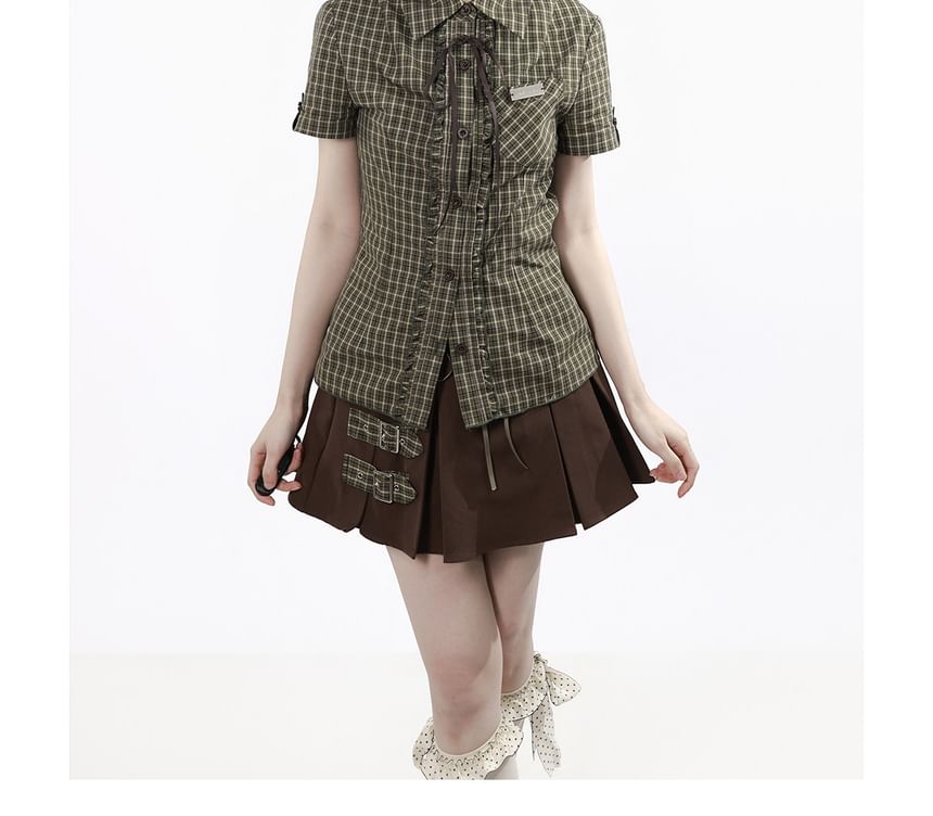 Plaid Button-Up Shirt / Scoop Neck Vest / High Waist Skirt / Midi A-Line Skirt