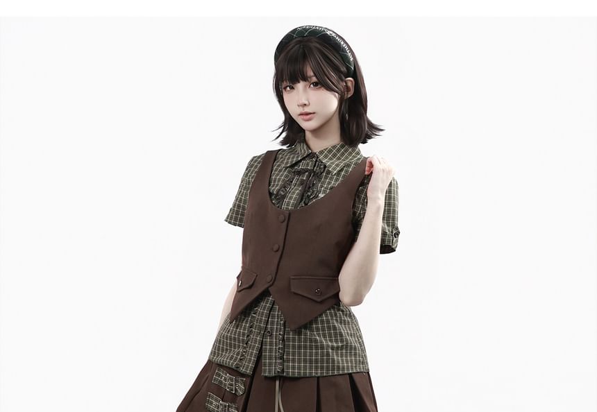 Plaid Button-Up Shirt / Scoop Neck Vest / High Waist Skirt / Midi A-Line Skirt
