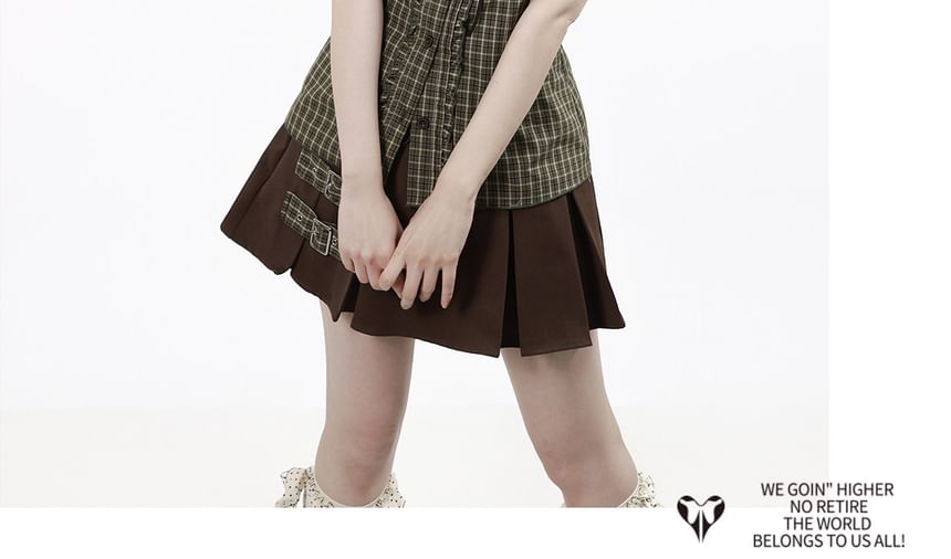 Plaid Button-Up Shirt / Scoop Neck Vest / High Waist Skirt / Midi A-Line Skirt