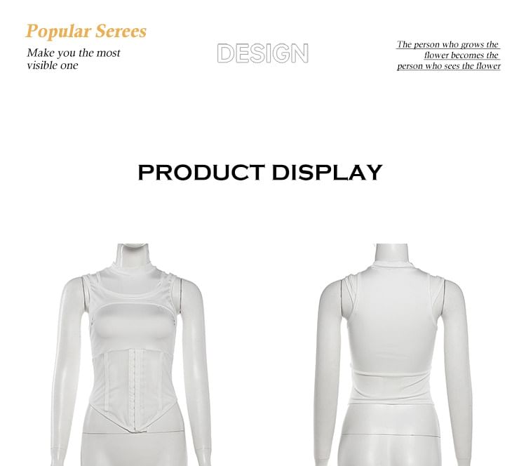 Mesh Panel Hook and Eye Crop Tank Mock Neck