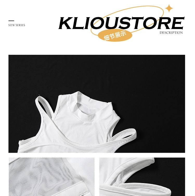 Mesh Panel Hook and Eye Crop Tank Mock Neck