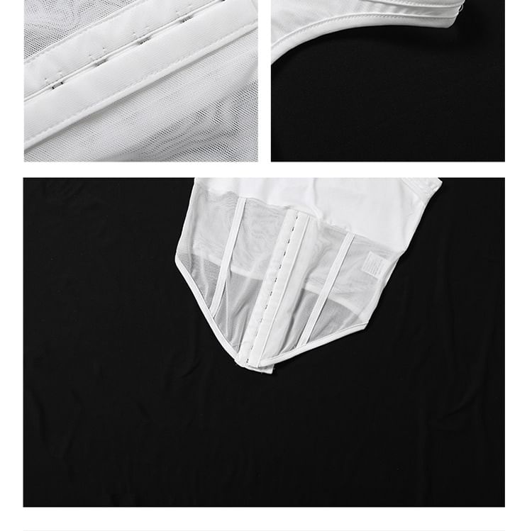 Mesh Panel Hook and Eye Crop Tank Mock Neck