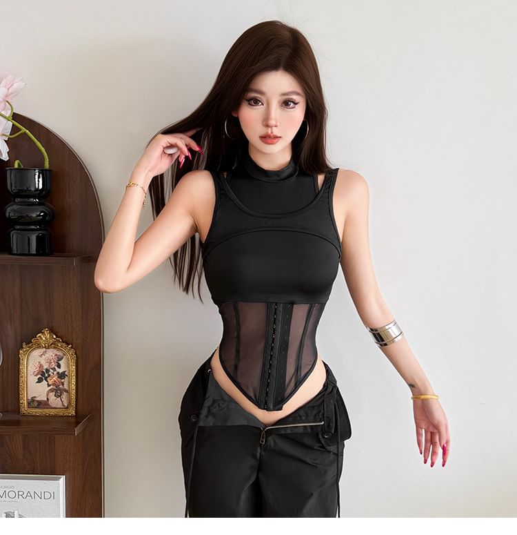 Mesh Panel Hook and Eye Crop Tank Mock Neck