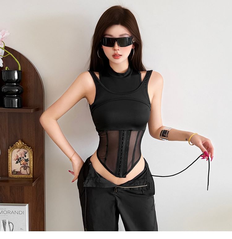 Mesh Panel Hook and Eye Crop Tank Mock Neck